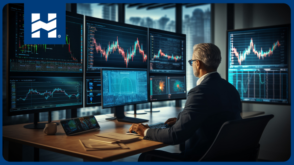 Copy trading; hombre comparando diferentes datos en múltiples monitores